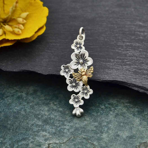 Silver Cherry Blossom Cluster Charm with Bronze Bee - Poppies Beads n' More