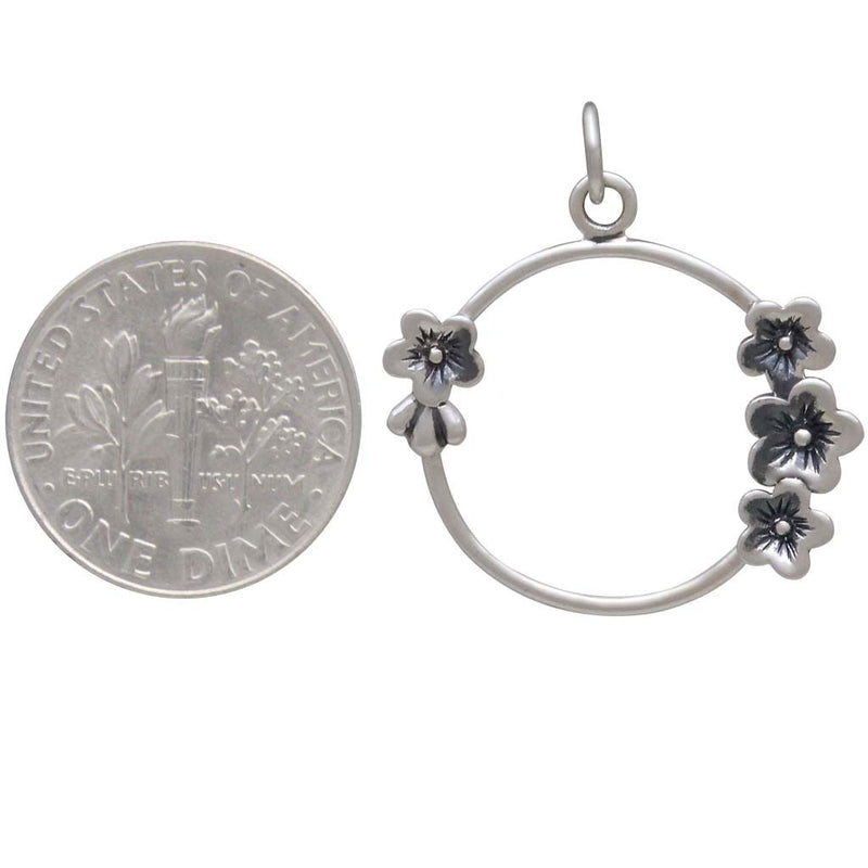Sterling Silver Circle Charm with Cherry Blossoms - Poppies Beads n' More