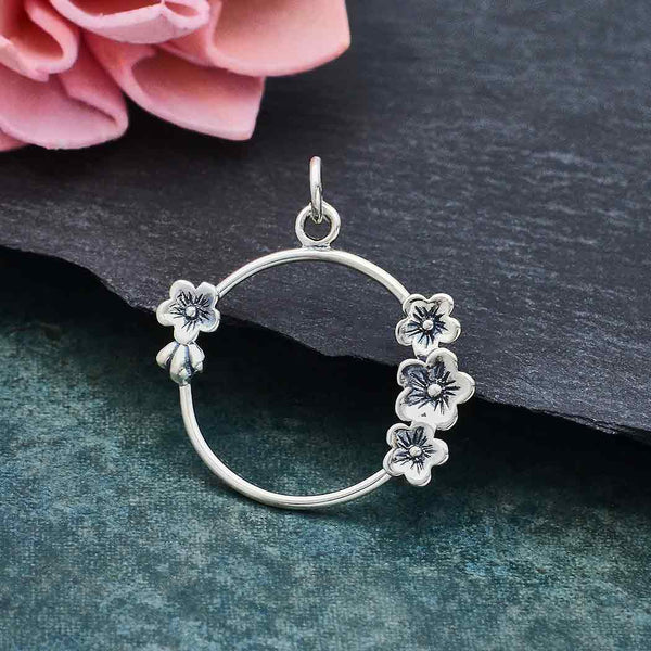 Sterling Silver Circle Charm with Cherry Blossoms - Poppies Beads n' More