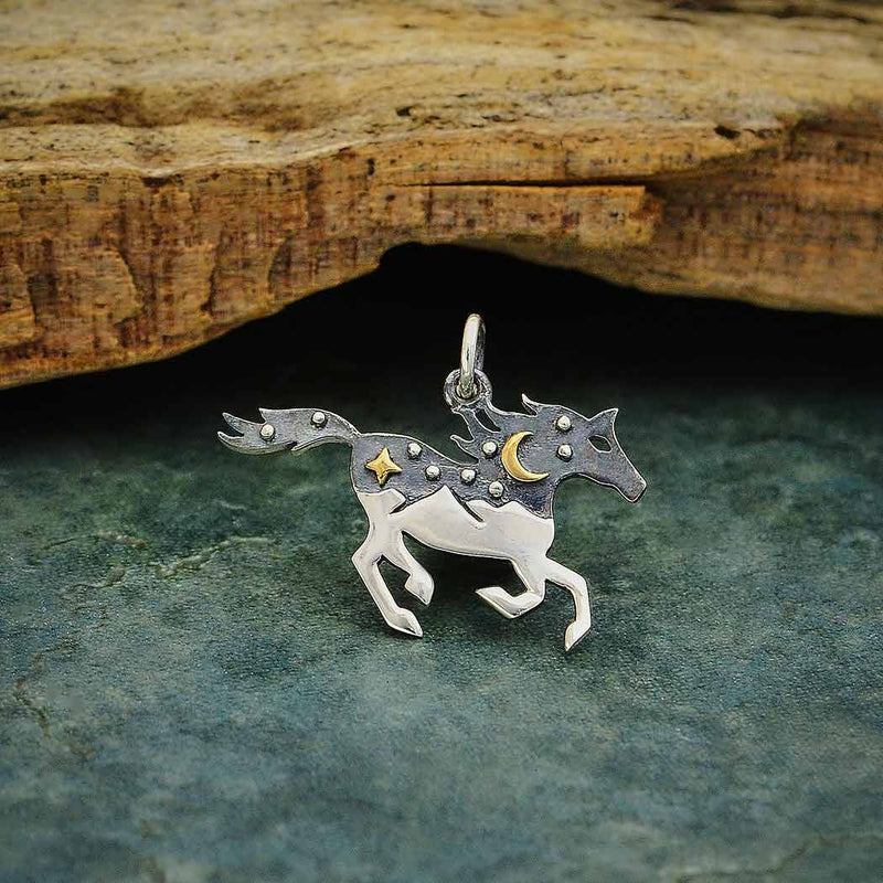 Silver Horse Charm with Mountains and Bronze Moon - Poppies Beads n' More