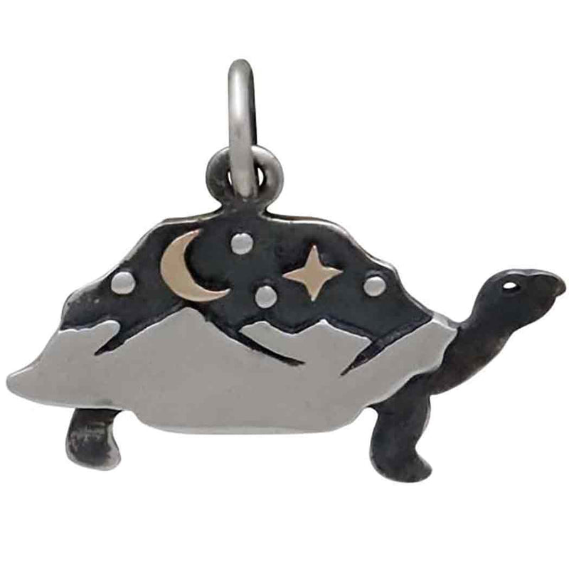 Silver Tortoise Charm with Mountains and Bronze Moon - Poppies Beads n' More