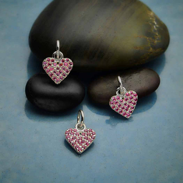 Sterling Silver Heart Charm with Pink Nano Gems - Poppies Beads n' More