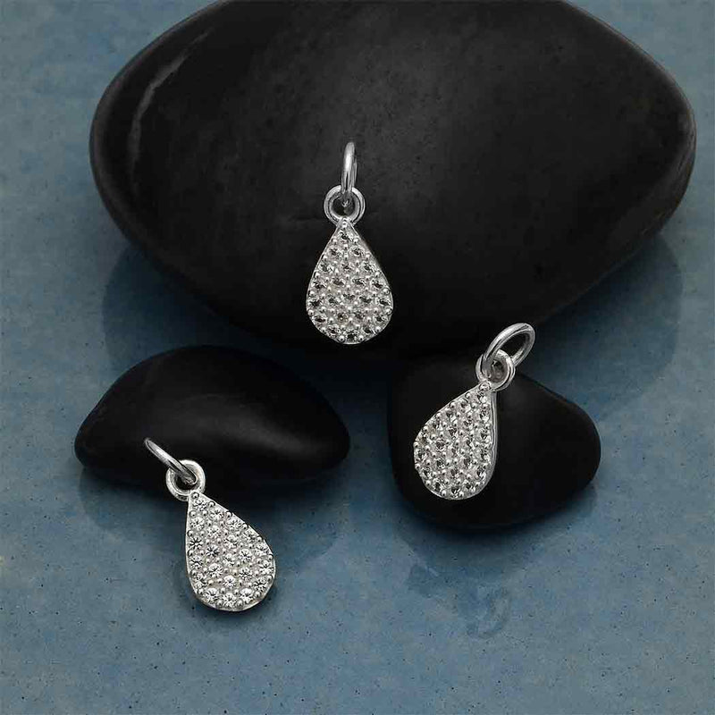 Sterling Silver Teardrop Charm with Clear Nano Gems - Poppies Beads n' More