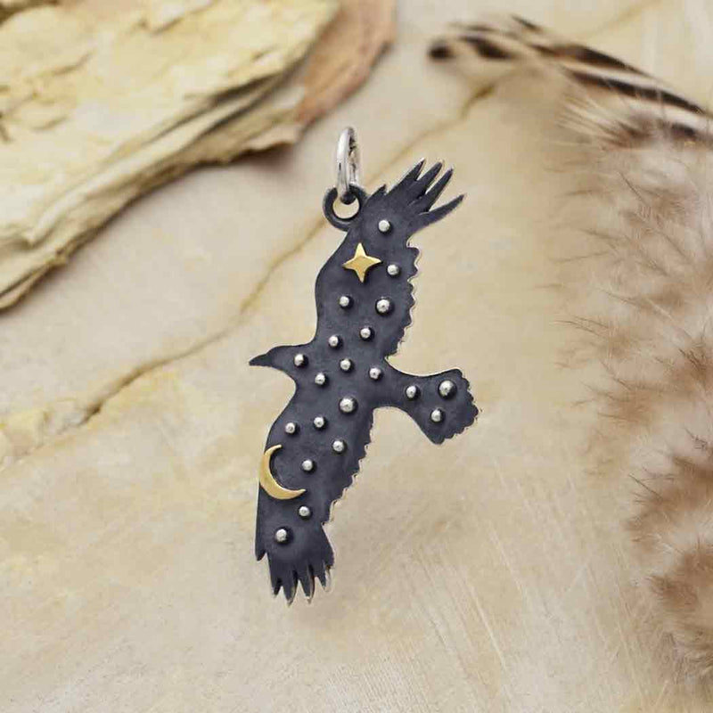 Silver Raven Charm with Bronze Star and Moon
