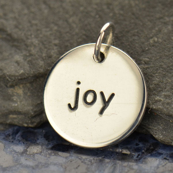 Sterling Silver  Round Word Charm: "joy" - Poppies Beads n' More