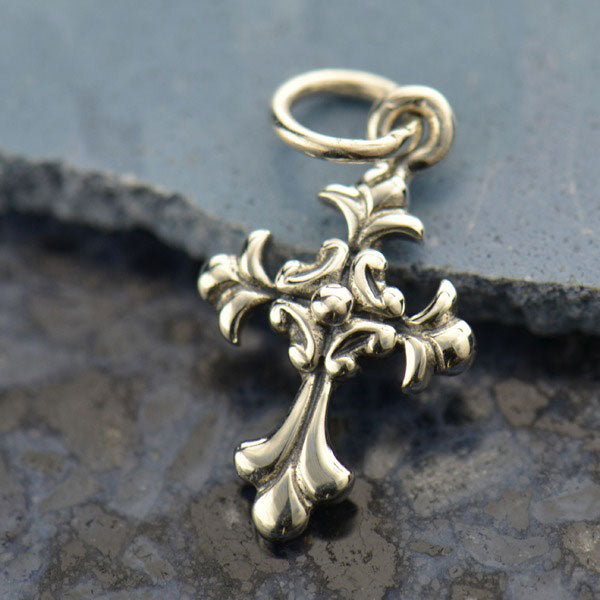 Small Sterling Silver Cross Charm - Textured - Poppies Beads n' More