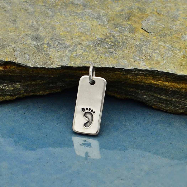 Sterling Silver Footprint Charm on Rectangle Tag - Poppies Beads n' More
