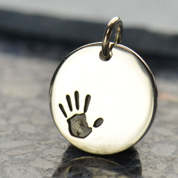 Sterling Silver Round Charm with Etched Handprint - Poppies Beads n' More
