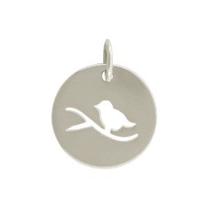 Sterling Silver Round Charm with Perched Bird Cutout - Poppies Beads n' More
