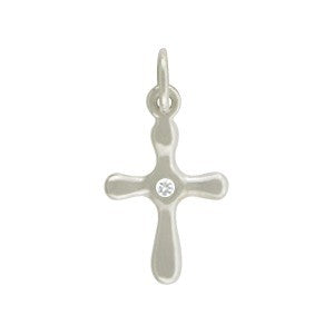 Small Sterling Silver Cross Charm with Genuine 1 Point Diamond - Poppies Beads n' More