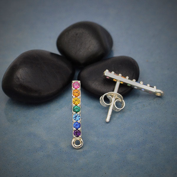 Silver Rainbow Bar Post Earrings With Nano Gems and Loop - Poppies Beads n' More