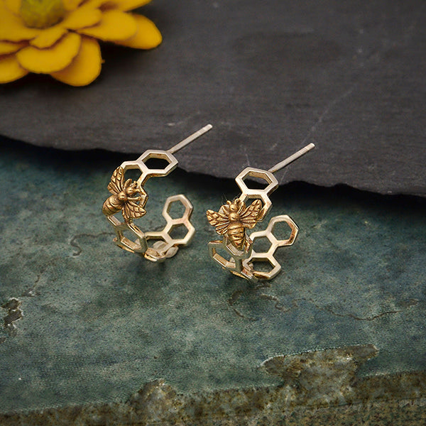 Silver Honeycomb Hoop Huggie Earring with Bronze Bee - Poppies Beads n' More