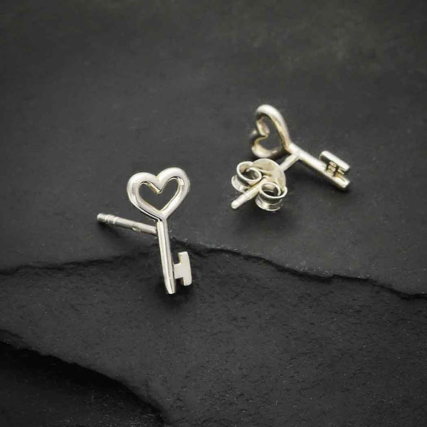 Sterling Silver Heart Key Post Earrings - Poppies Beads n' More