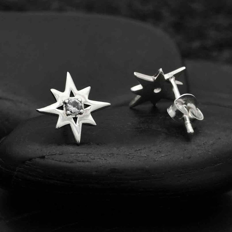 Sterling Silver Star Post Earrings with Nanogem Center - Poppies Beads n' More