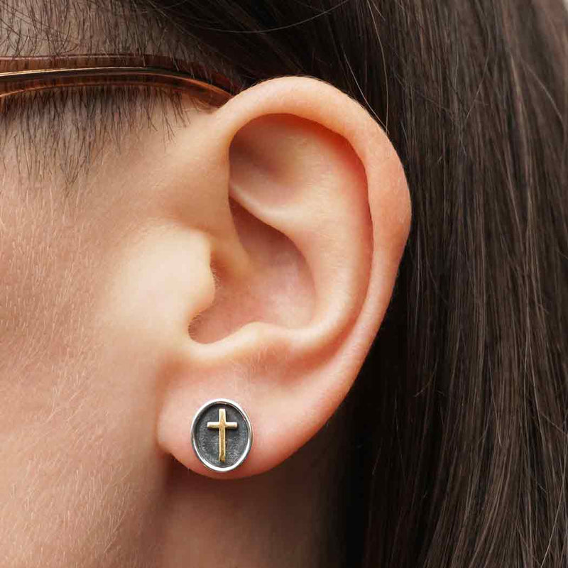 Sterling Silver Shadow Box Earring with Bronze Cross - Poppies Beads n' More