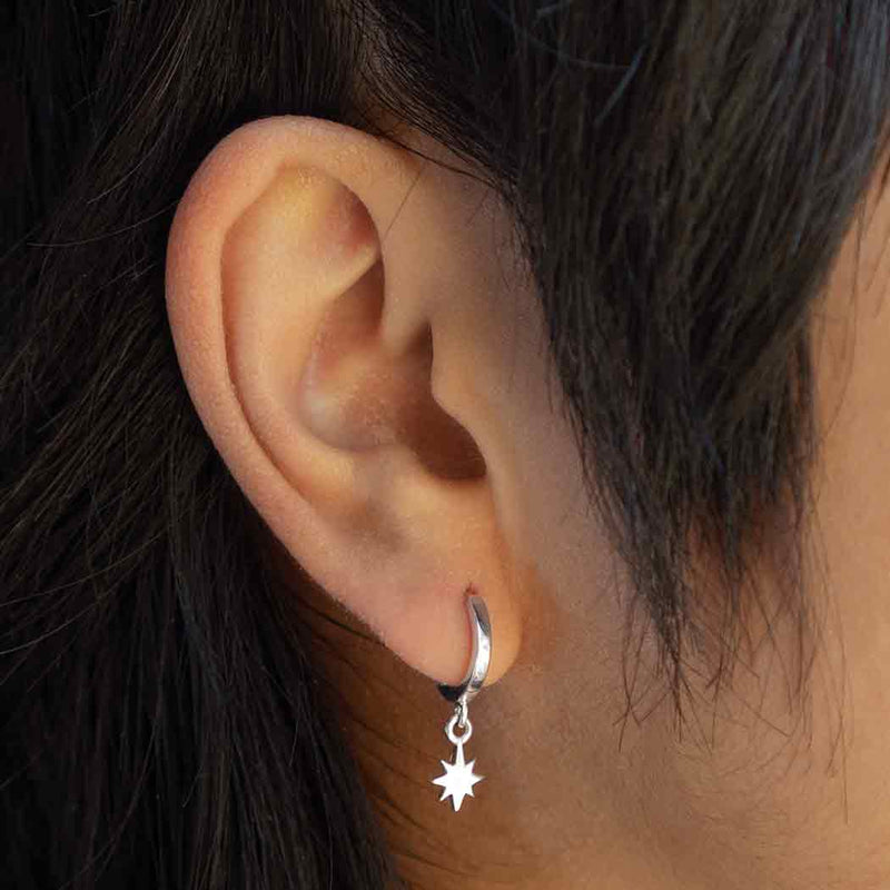 Sterling Silver Huggie Hoop Earrings with North Star - Poppies Beads n' More