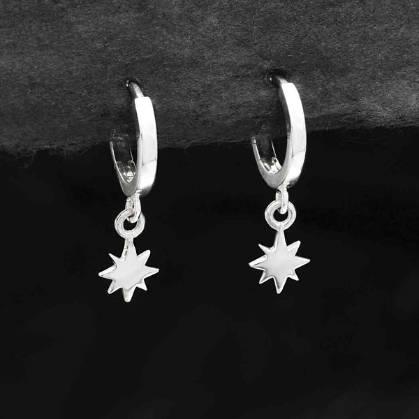 Sterling Silver Huggie Hoop Earrings with North Star - Poppies Beads n' More