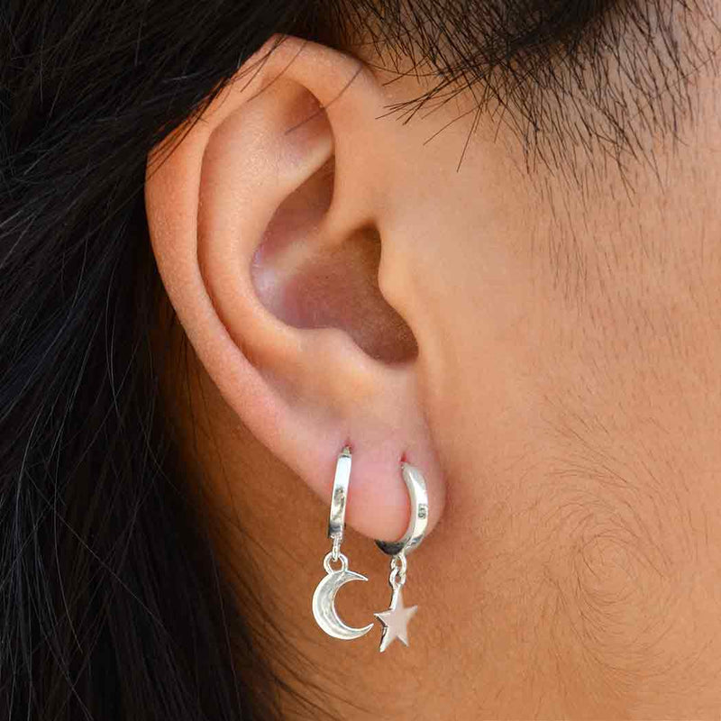 Silver Huggie Hoop Earrings with Star and Moon