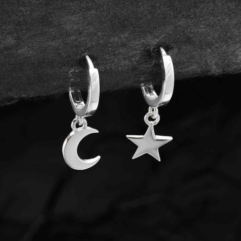 Silver Huggie Hoop Earrings with Star and Moon - Poppies Beads n' More