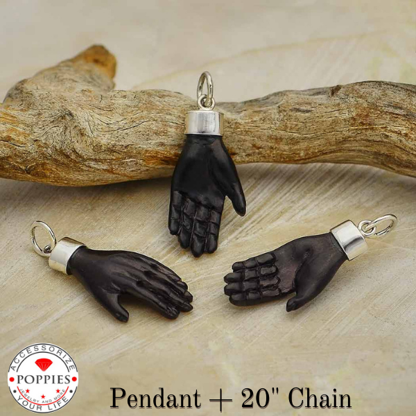 Carved Black Wood Hand Pendant with Silver Bail - Poppies Beads n' More