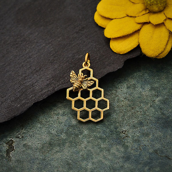 Honey Bee Charm on Honeycomb - Poppies Beads n' More