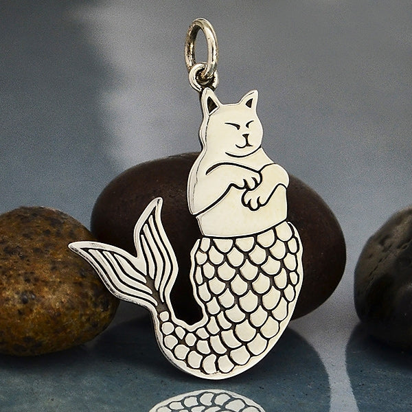 Sterling Silver Purr-maid Charm - Cat Mermaid Charm - Poppies Beads n' More