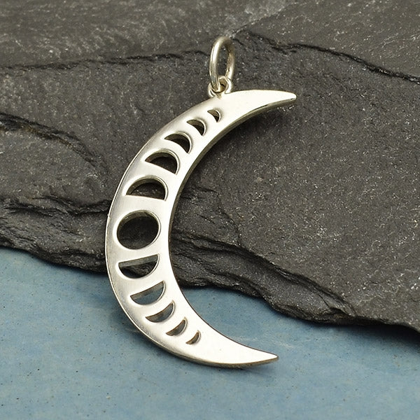 Sterling Silver Crescent Moon Charm with Moon Phases - Poppies Beads n' More