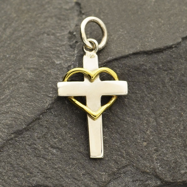 Sterling Silver Cross with Wire Bronze Heart - Faith Charm - Poppies Beads n' More