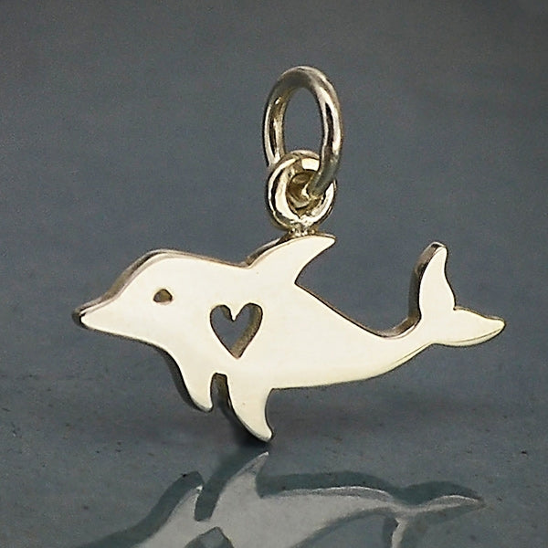 Sterling Silver Dolphin Charm with Heart Cutout - Poppies Beads n' More