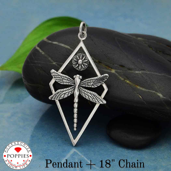 Sterling Silver Dragonfly Pendant in Diamond Frame - Poppies Beads n' More