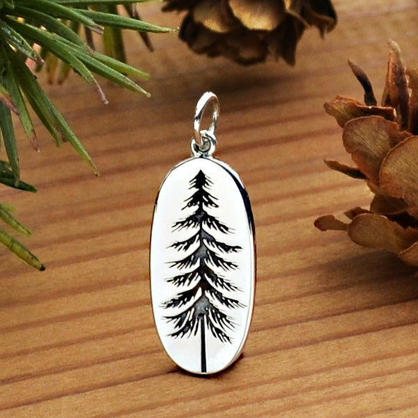 Sterling Silver Pine Tree Charm Etched on an Oval, - Poppies Beads n' More
