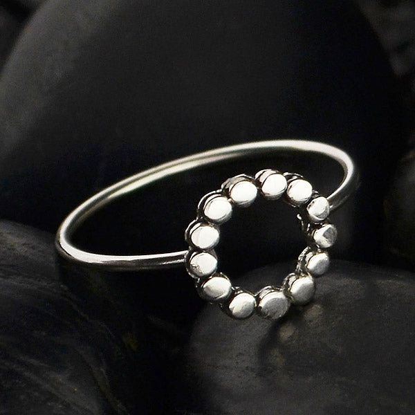 Sterling Silver Ring - Flat Circle Dotted Frame Ring - Poppies Beads n' More