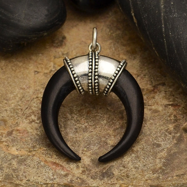 Hand Carved Black Wood Double Horn Pendant - Poppies Beads n' More