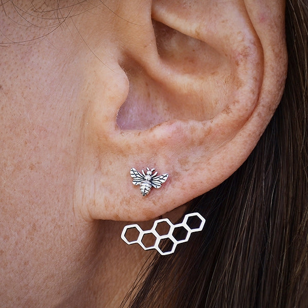 Sterling Silver Honey Bee and Honeycomb Ear Jacket - Poppies Beads n' More