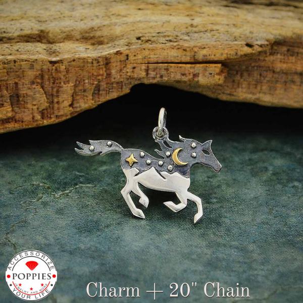 Silver Horse Charm with Mountains and Bronze Moon - Poppies Beads n' More