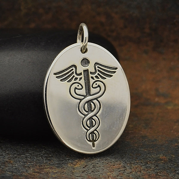 Sterling Silver Medic Staff Charm Etched Oval Disk - Poppies Beads n' More