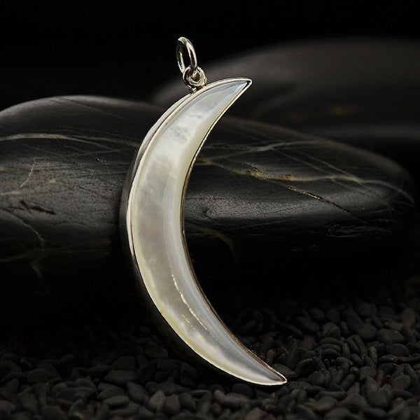 Mother of Pearl Moon Pendant with Sterling Silver Bezel - Poppies Beads n' More