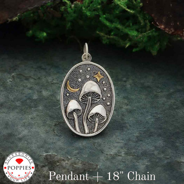 Silver Mushroom Pendant with Bronze Star and Moon - Poppies Beads n' More