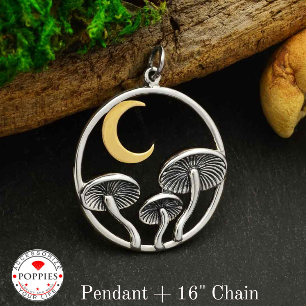Sterling Silver Mushroom Pendant with Bronze Moon