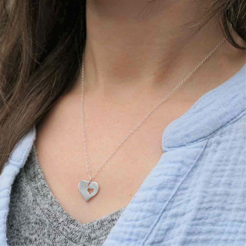 Sterling Silver Heart Necklace with Heart Cutout - Poppies Beads n' More