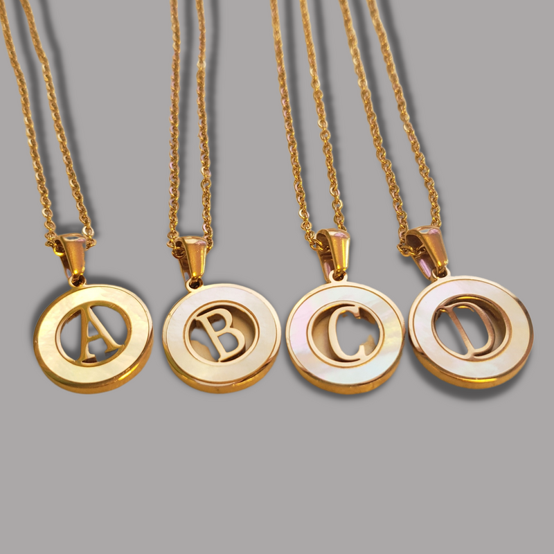 WHR01- White Mother Pearl + Gold Round Round Initial