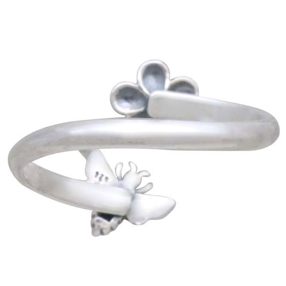 Sterling Silver Bee and Cherry Blossom Adjustable Ring - Poppies Beads n' More
