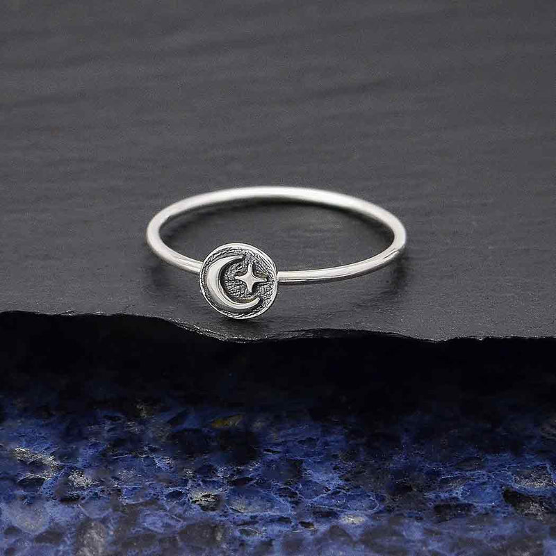 Sterling Silver Raised Moon and Star Stacking Ring - Poppies Beads n' More