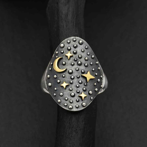 Silver Night Sky Ring with Bronze Moon and Stars - Poppies Beads n' More