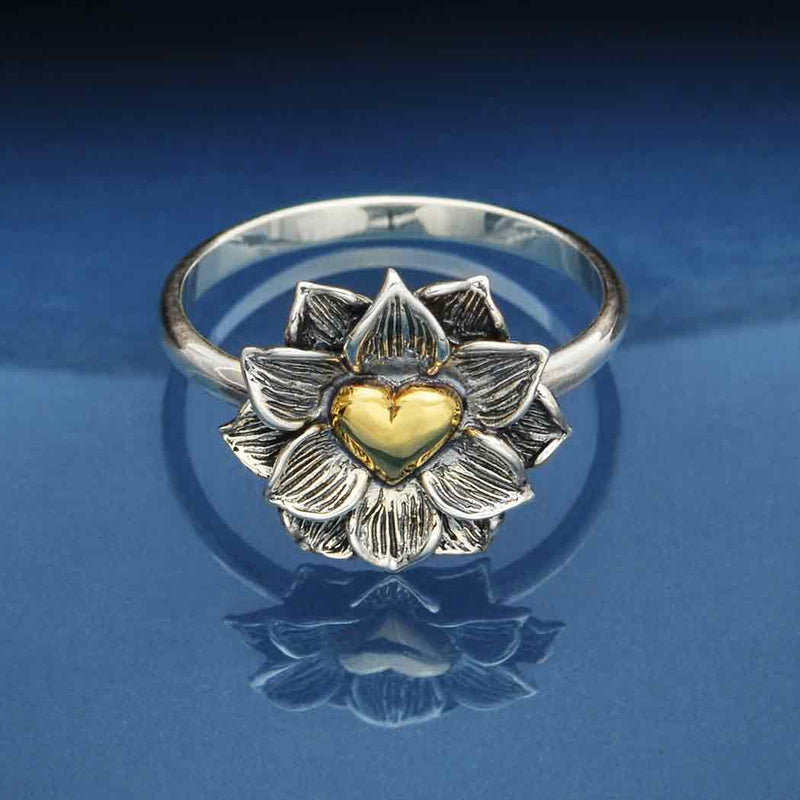 Sterling Silver Lotus Ring with Bronze Heart - Poppies Beads n' More