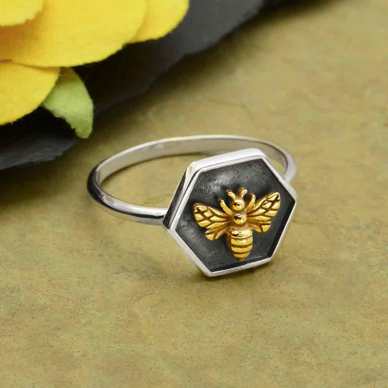 Silver Hexagon Shadow Box Ring with Bronze Bee - Poppies Beads n' More