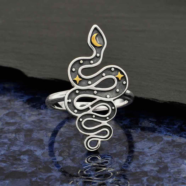 Sterling Silver Snake Ring with Bronze Star and Moon - Poppies Beads n' More