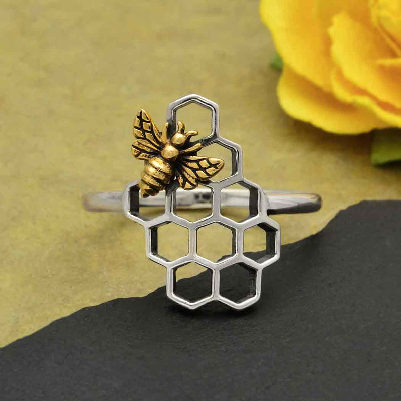 Silver Honeycomb Ring with Small Bronze Bee - Poppies Beads n' More