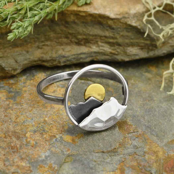 Sterling Silver Layered Mountain Ring with Bronze Sun - Poppies Beads n' More