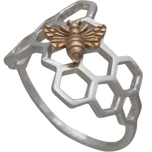 Sterling Silver Honeycomb Ring with Bronze Bee - Poppies Beads n' More